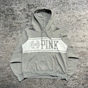 Victoria's Secret Pink Hoodie Sweatshirt Womens Small Gray White Pullover
